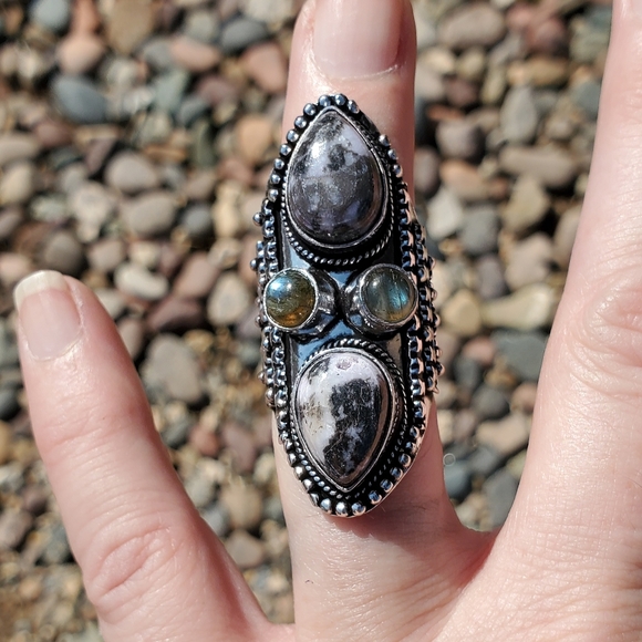 New Zebra Jasper and Labradorite 925 Silver Statement Ring. - Picture 5 of 16